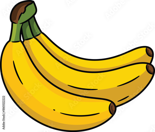 A bunch of ripe yellow bananas with green stems and brown tips