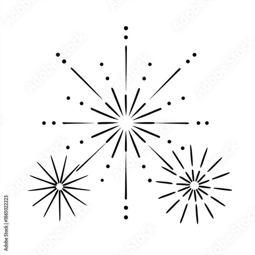 Set of hand-drawn fireworks and sparklers illustrations in sketch style for celebration designs.Golden firework vector banner with hand drawn exploding starbursts and festive sparkles