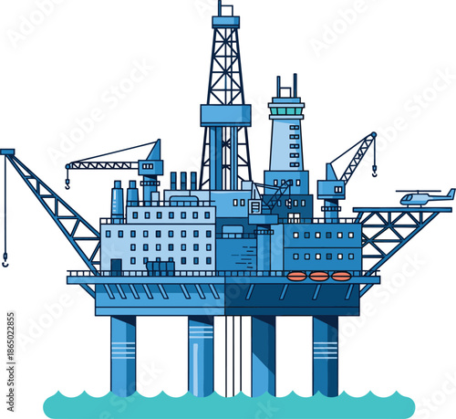 Offshore oil drilling platform illustration featuring petroleum extraction rig marine energy infrastructure and industrial offshore engineering concept