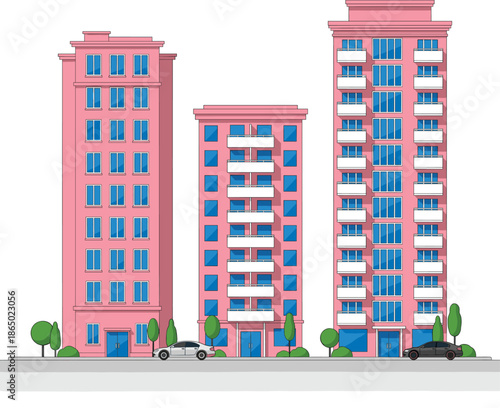 Modern residential apartment buildings illustration featuring urban housing towers contemporary city living and real estate architecture exterior