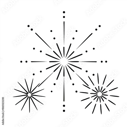 Set of hand-drawn fireworks and sparklers illustrations in sketch style for celebration designs.Golden firework vector banner with hand drawn exploding starbursts and festive sparkles