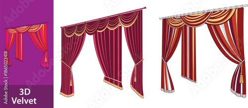 Realistic 3D Set of Red Velvet Theater Curtains Open and Closed Long and Short Top Borders Isolated on White Background