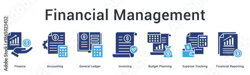 Financial management banner web icon covers accounting ledger invoicing budget planning and expense tracking comprehensively.