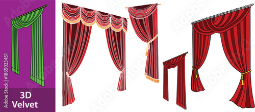 Realistic 3D Set of Red Velvet Theater Curtains Open and Closed Long and Short Top Borders Isolated on White Background