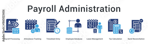 Payroll administration banner web icon processes attendance timesheets employee data leave tax and bank reconciliation.