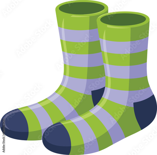 A pair of green and purple striped socks with dark blue toes and heels
