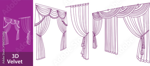 Realistic 3D Set of Red Velvet Theater Curtains Open and Closed Long and Short Top Borders Isolated on White Background
