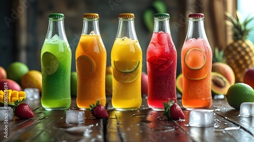 Colorful Mexican Style Fruit Soda Bottles with Fresh Fruits on Rustic Table