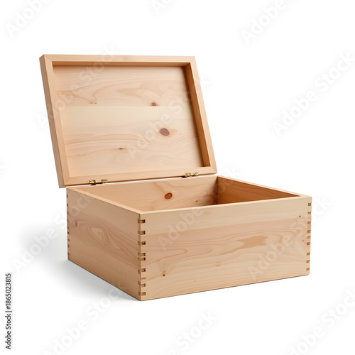 Wooden storage box with open lid, minimalist design element