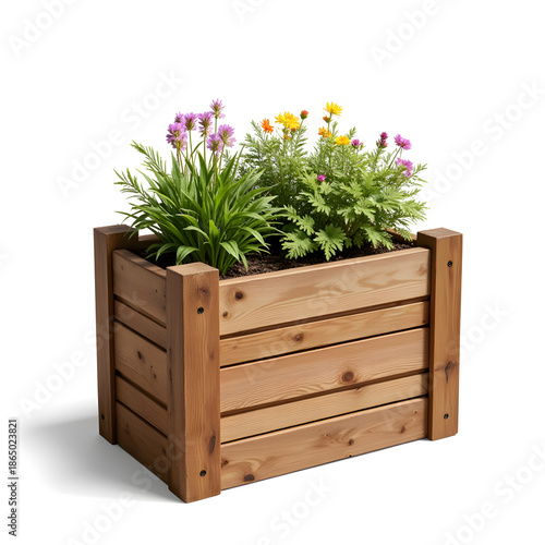 Beautiful garden planter box with vibrant flowers, nature decor