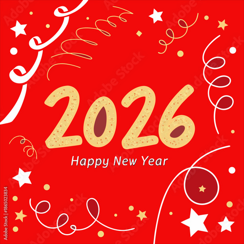 Happy New Year Everyone Greeting Card with Festive Decorations and Confetti Background