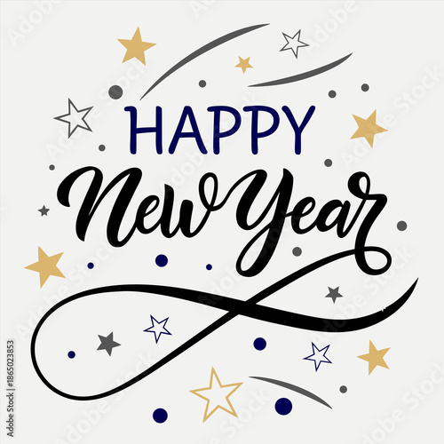 Happy New Year Calligraphy with Stars and Confetti