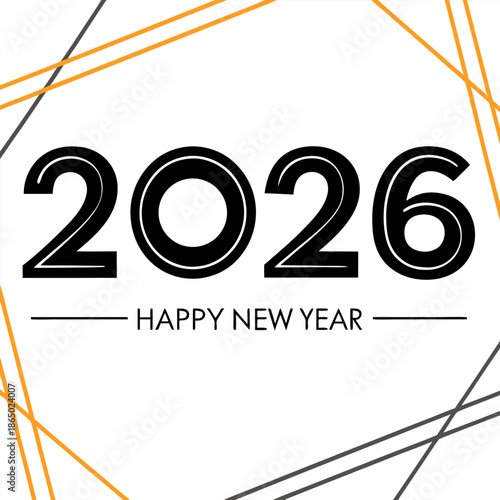 Happy New Year 2026 illustration with a festive geometric border design in black and orange, perfect for celebrations and greetings