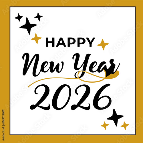 Happy New Year 2026 Text Design with Stars and Sparkles Illustration