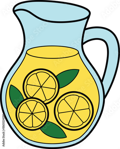 A pitcher filled with lemon slices and green leaves on a yellow background