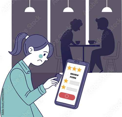 Disappointed customer provides a negative review on her smartphone after a bad experience. 