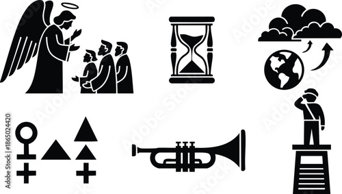 Flat design silhouetted icon set angel blessing children hourglass climate cloud earth arrows trumpet soldier saluting on pedestal gender symbols rising arrows simple black vector art