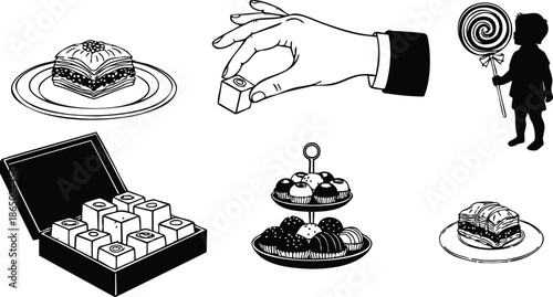 Line art close up hand picking chocolate bonbon from open box with assorted pastries plates and child silhouette holding large lollipop vintage black and white illustration