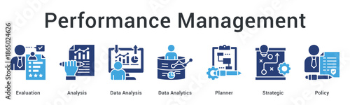 Performance management banner web icon featuring evaluation and analytics with strategic planning and policy frameworks.