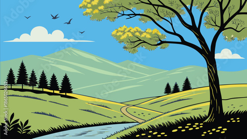 Landscape illustration of hills and winding path