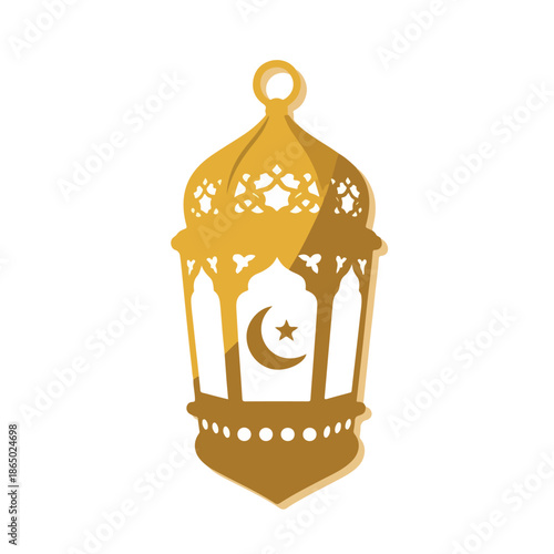 Golden lantern with a crescent moon and star design on a flat white background, symbolizing Ramadhan and ramadan celebrations with glam gold accents.