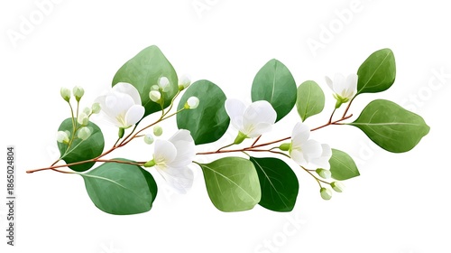 Illustrative watercolor of a delicate branch featuring small white flowers buds and fresh green eucalyptus style leaves isolated on a clean white background
