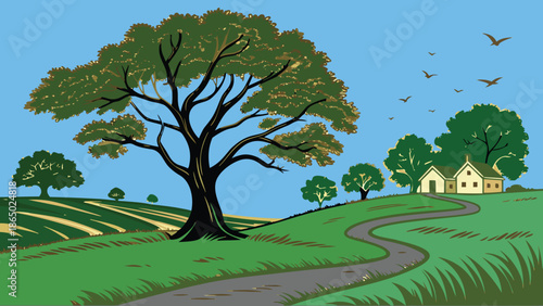 Tree on rolling hills with winding path