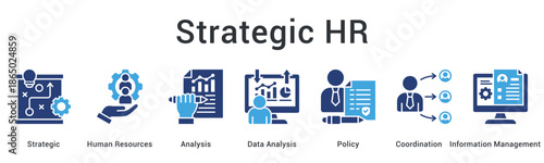 Strategic HR banner web icon integrating analysis and policy coordination with information management for workforce planning.