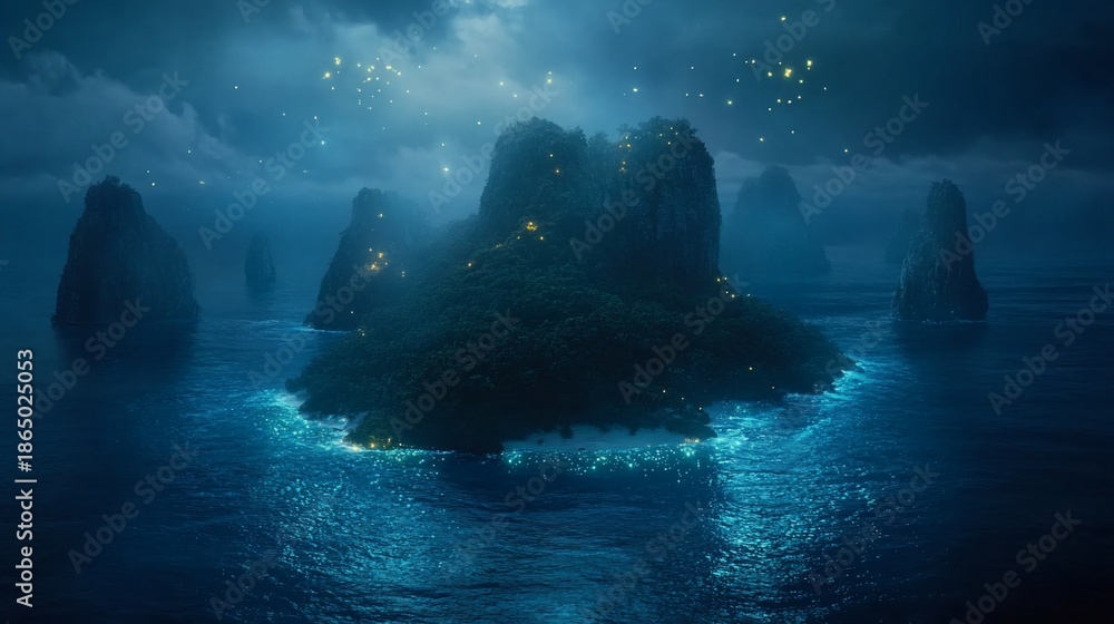 custom made wallpaper toronto digitalMystical island at night, illuminated by bioluminescent fireflies and warm lights. Lush vegetation blankets the island's peaks. Dark, mysterious ocean surrounds
