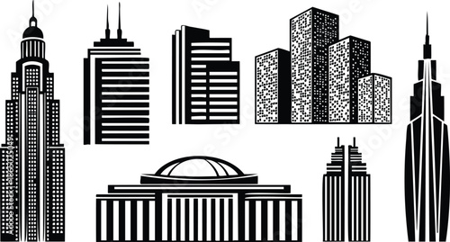Flat design skyline collection black and white vector skyscraper silhouettes including art deco tower modern glass high rise office block domed civic building front view minimalist