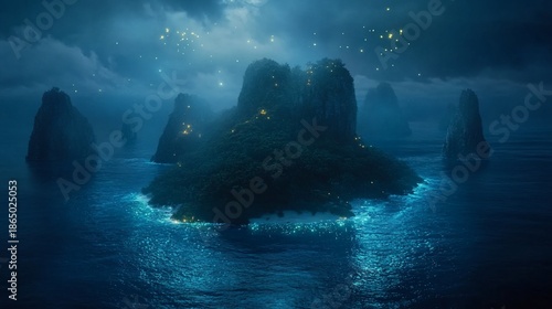 Wallpaper Mural Mystical island at night, illuminated by bioluminescent fireflies and warm lights. Lush vegetation blankets the island's peaks.  Dark, mysterious ocean surrounds Torontodigital.ca