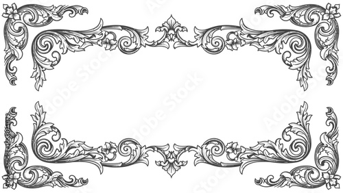 Lavish Baroque Rococo Rectangular Frame with Corner Flourishes on Isolated White Background.