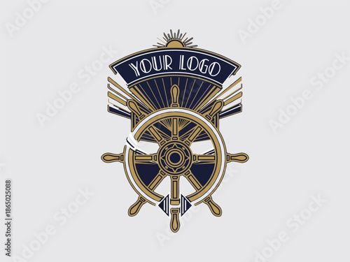 Nautical Emblem with Ship Wheel and Banner.