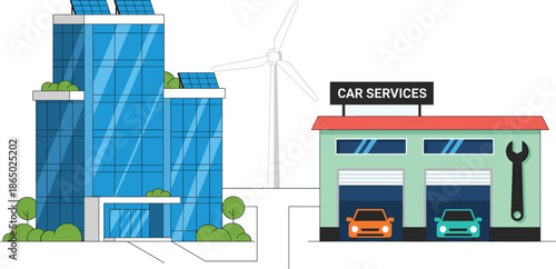 Modern eco office tower and car service garage illustration set featuring sustainable architecture automotive repair and urban business facilities