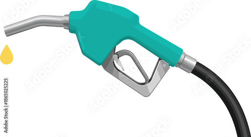 A teal and silver gas pump nozzle with a black hose and a yellow droplet of fuel