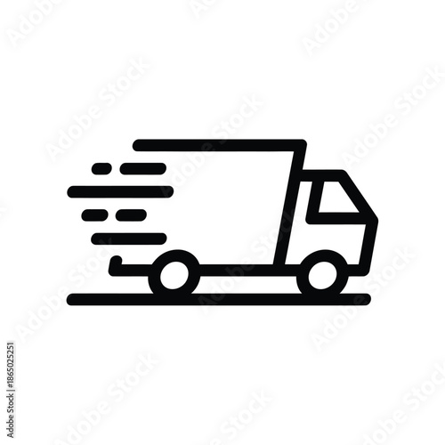 Simple black line drawing of a delivery truck in motion