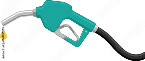 A teal-colored gas pump nozzle with a black hose and a yellow fuel drop