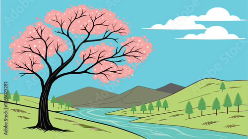Cherry blossom tree in a landscape illustration