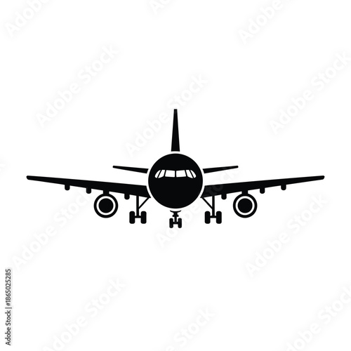 A simple black silhouette of a passenger airplane facing forward