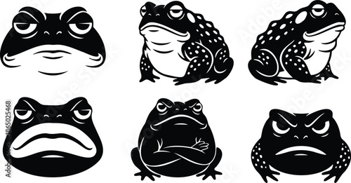 Tattoo flash frog faces set showing six expressive toad icons in bold black vector style various angles playful grumpy smug crossed arms low angle front view