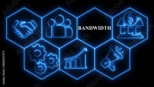 Neon Blue Hexagon Grid With Business Icons And The Word BANDWIDTH In The Center bandwidth technology