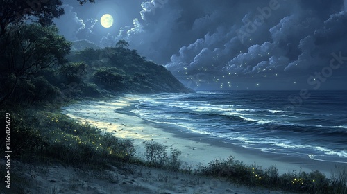 Wallpaper Mural Moonlight beach scene, tranquil night Torontodigital.ca