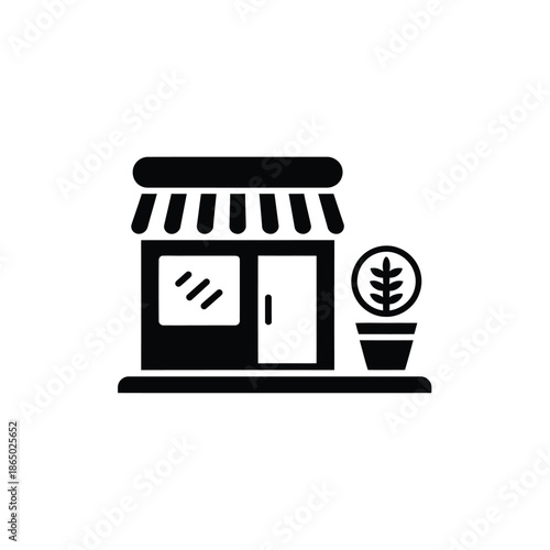 Simple black and white illustration of a storefront with awning and plant