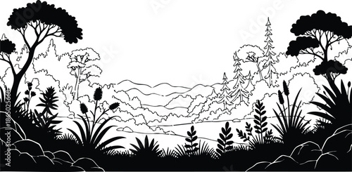 Silhouette vector panoramic foreground plants and trees framing distant rolling hills and river valley with layered treeline ink style minimal black and white landscape calm
