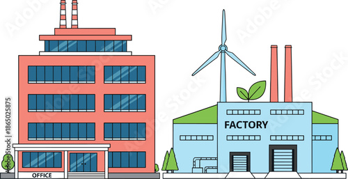 Modern office and eco factory building illustration set featuring renewable energy production and sustainable industrial architecture design