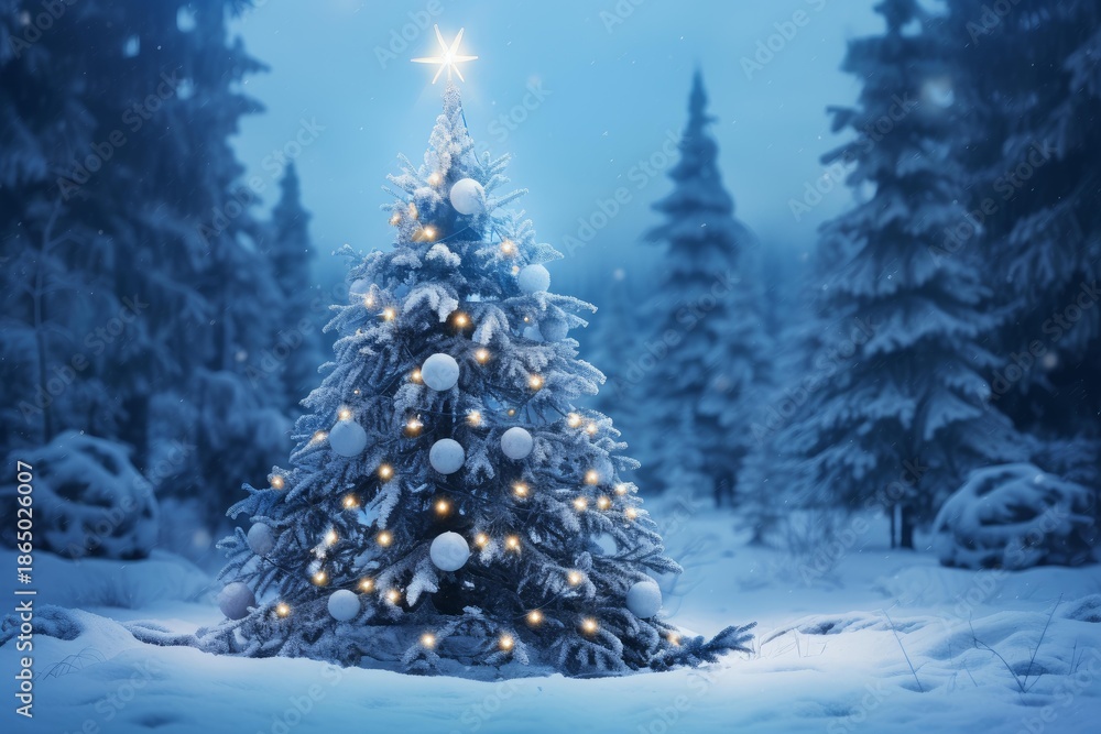 Obraz premium Decorated spruce tree illuminating a serene snow covered forest with warm lights