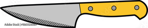 A Yellow Handled Knife with a Serrated Blade and Three Gray Rivets on the Handle