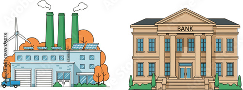 Industrial factory and classical bank building illustration set featuring manufacturing facilities financial institutions and urban architecture concepts