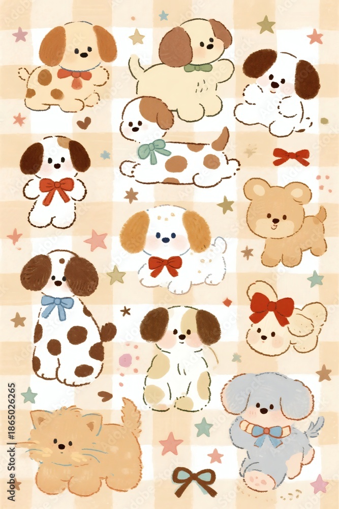 Fototapeta premium Adorable Cartoon Puppy and Kitten Sticker Collection