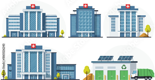 Modern hospital and healthcare building illustration set featuring medical centers clinics emergency facilities and sustainable service architecture